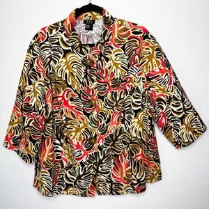 RQT Tropical Leaf Print Button Up Topper Size 2X Cotton 3 Button Fitted Back‎